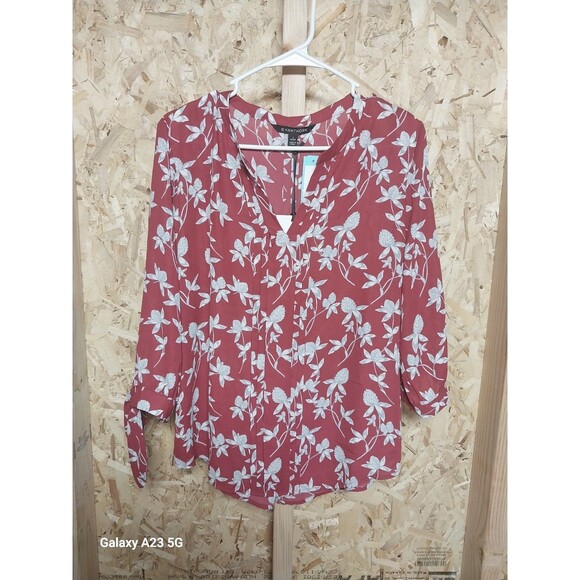 41 Hawthorn Red V Neck Floral Blouse Top w 3/4 Tie Sleeves Size Large Petite NWT - Picture 1 of 10